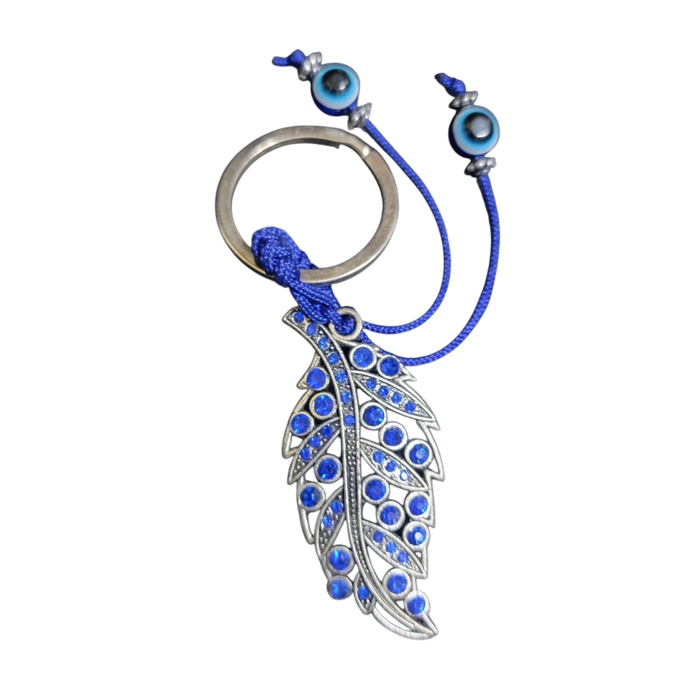Blue and Silver Rhinestone Feather Pendant Necklace